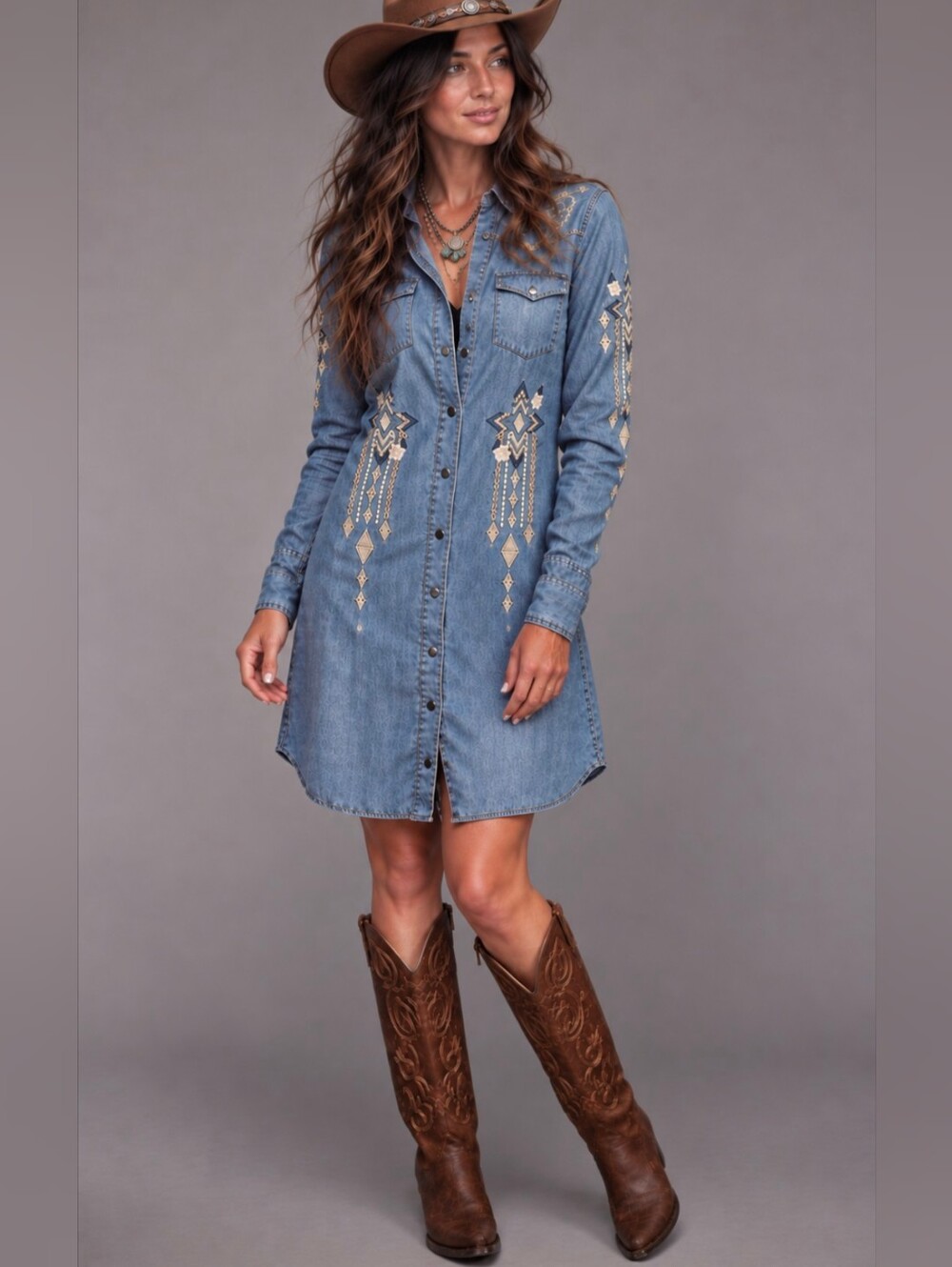 Stetson Embroidered Denim Shirt Dress Boho Cowgirl Western Festival Chic Small